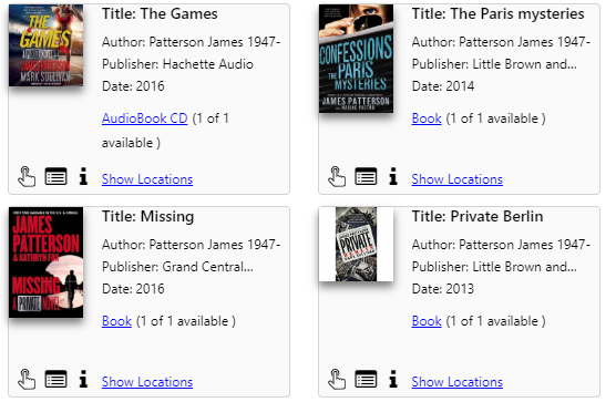 Catalog search results, book covers