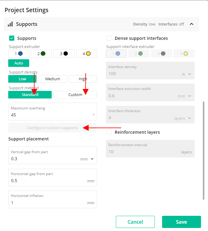 canvas project support settings