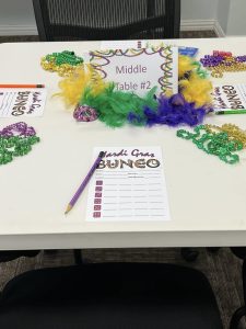 Our February 28th Mardi Gras themed Bunco party was a festive occasion filled with laughter and fun!